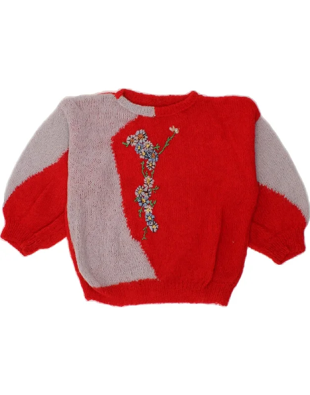 VINTAGE Girls Crew Neck Jumper Sweater 11-12 Years Red Colourblock