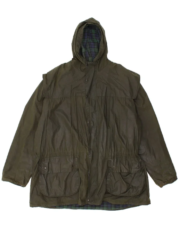 BARBOUR Mens Durham Hooded Waxed Cotton Jacket Size 46 Small Khaki Cotton