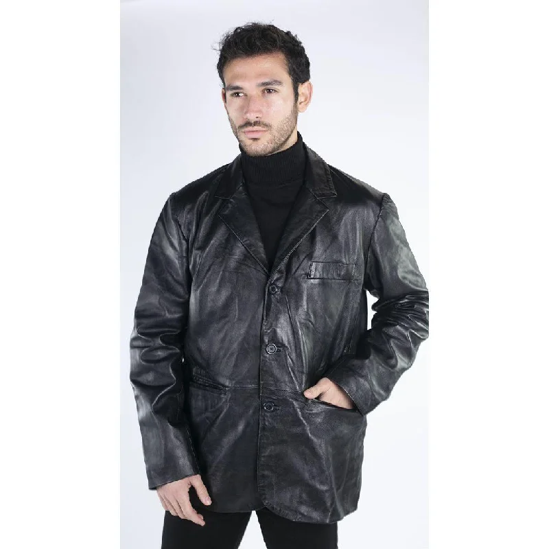 Mens Real Leather Jacket Black Smart Casual Classic Blazer Retro Vintage