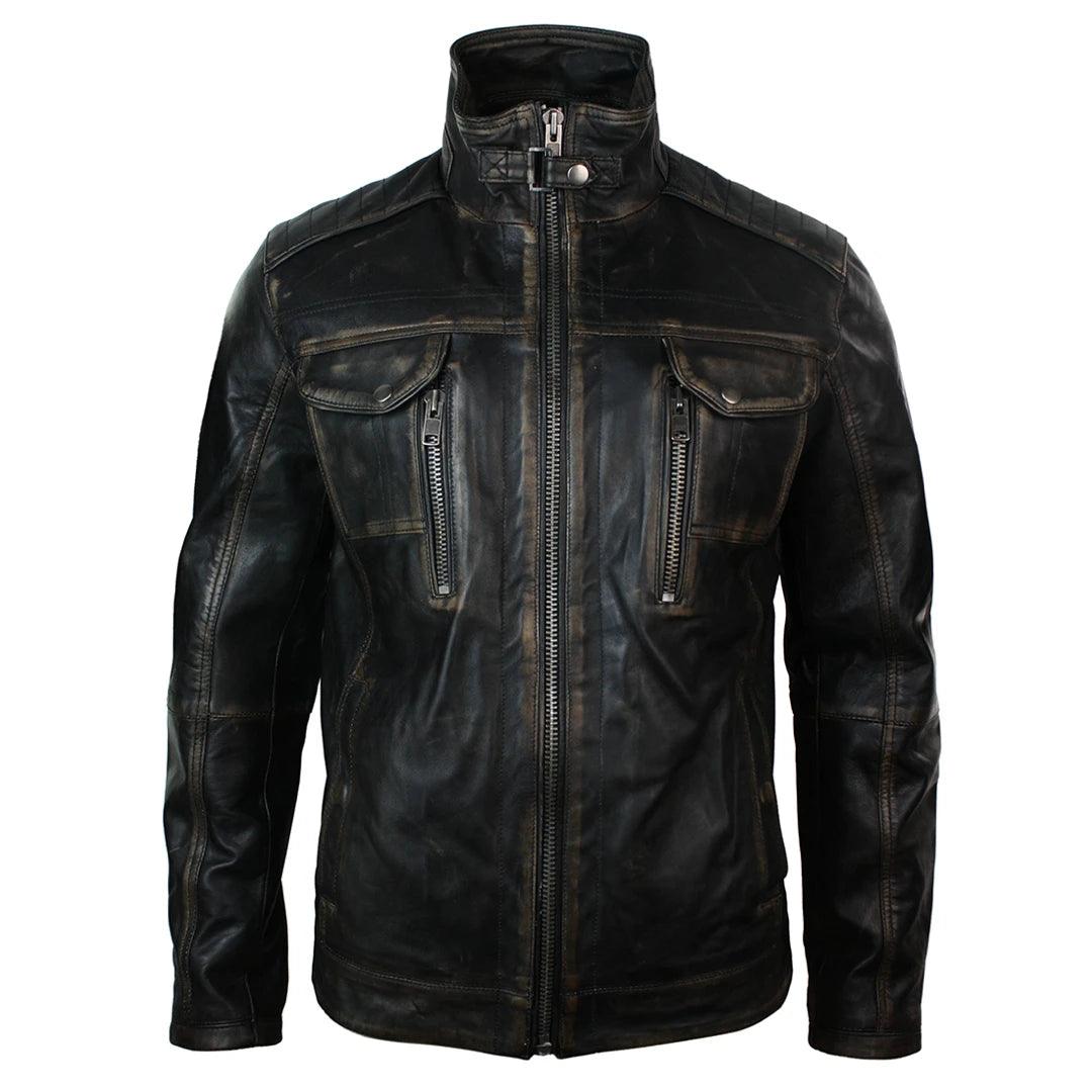 Mens Retro Vintage Distressed Jacket Real Washed Leather Brown Black Rub Off