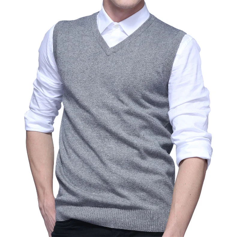 Business Casual Men's Solid V Neck Sleeveless Knitted Vest Sweater