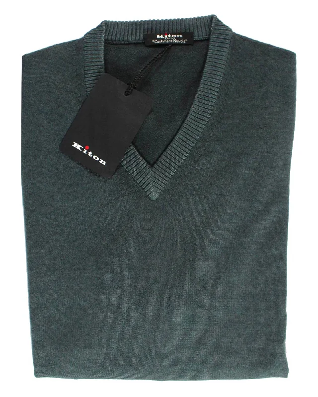 Kiton Cashmere Sweater Dark Ceylon Green V-Neck Hand Dyed XS - EUR 46 SALE