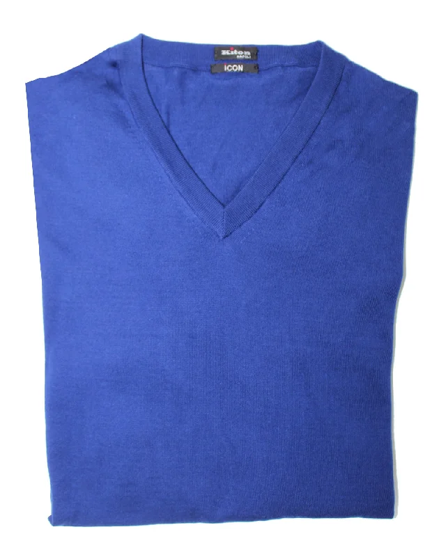 Kiton Cotton Sweater Royal Blue V-Neck - ICON - EUR 50/ M