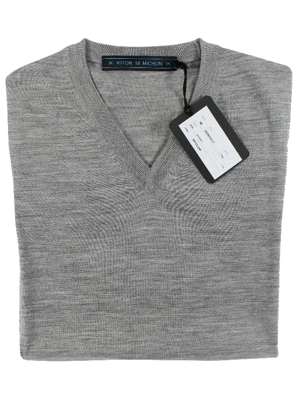 Kiton V-Neck Sweater Gray 14 Micron Wool M - EUR 50 SALE