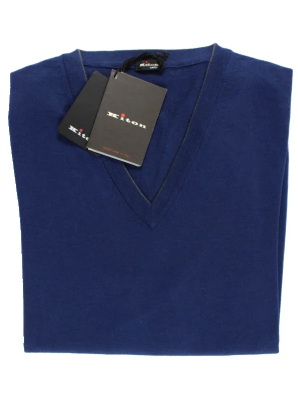 Kiton Wool Sweater Dark Blue V-Neck S - EUR 46 SALE