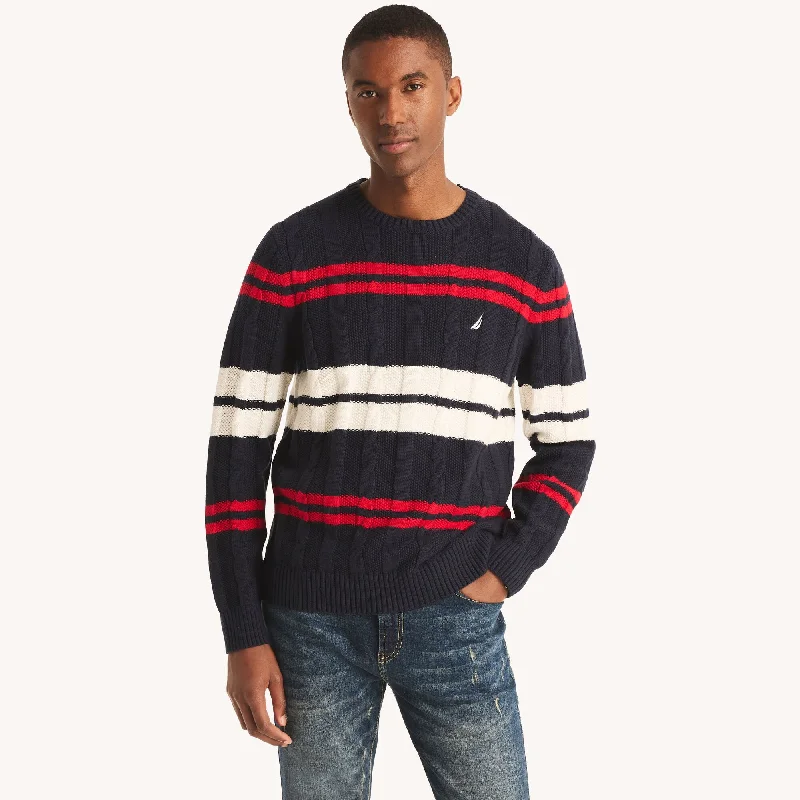 Nautica Mens Striped Cable-Knit Sweater