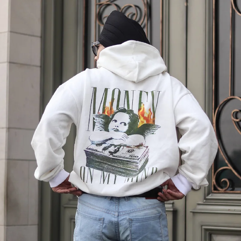 White Money Graphic Oversized Hooded Sweatshirt